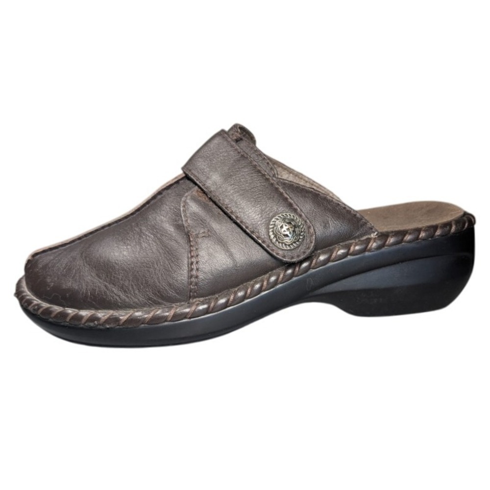 Propet Women Altadena‎ Brown Leather Adjustable Slip-on Wedge Sandal 6.5 Shoes